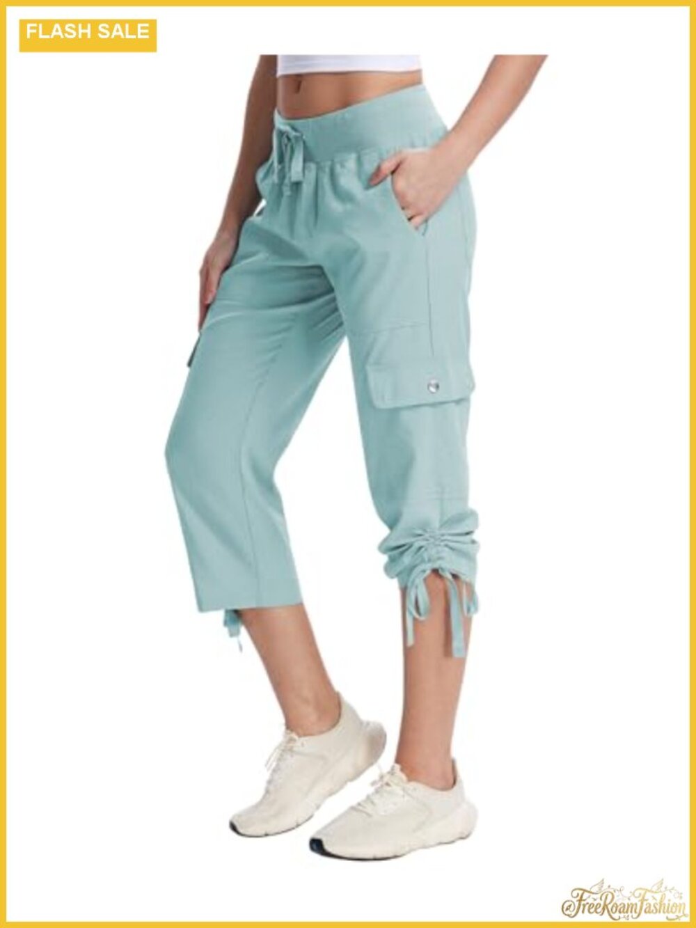 Womens Cargo Hiking Capri Pants Lightweight Nylon Blend 6 Pockets Drawstring